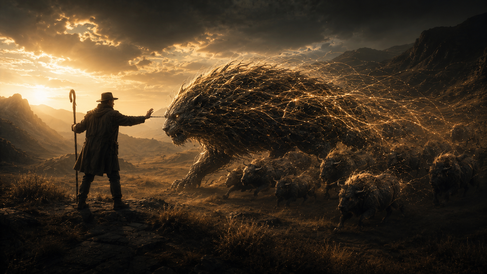 A lone figure in a hat and coat, staff in hand, extends a hand toward a giant beast made of glowing golden filaments as it herds smaller luminous creatures across a mountain valley at sunset