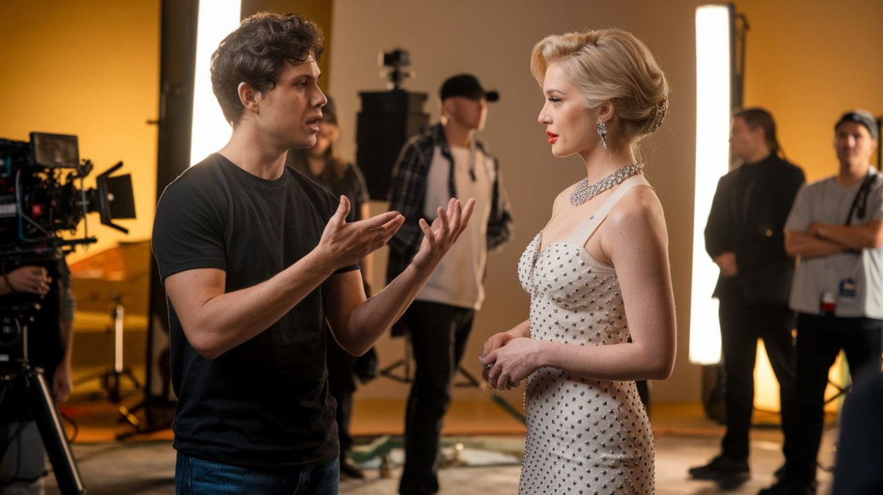 A young director in a black t-shirt directing an elegant actress in a sequined dress on a film set with crew and lights in the background