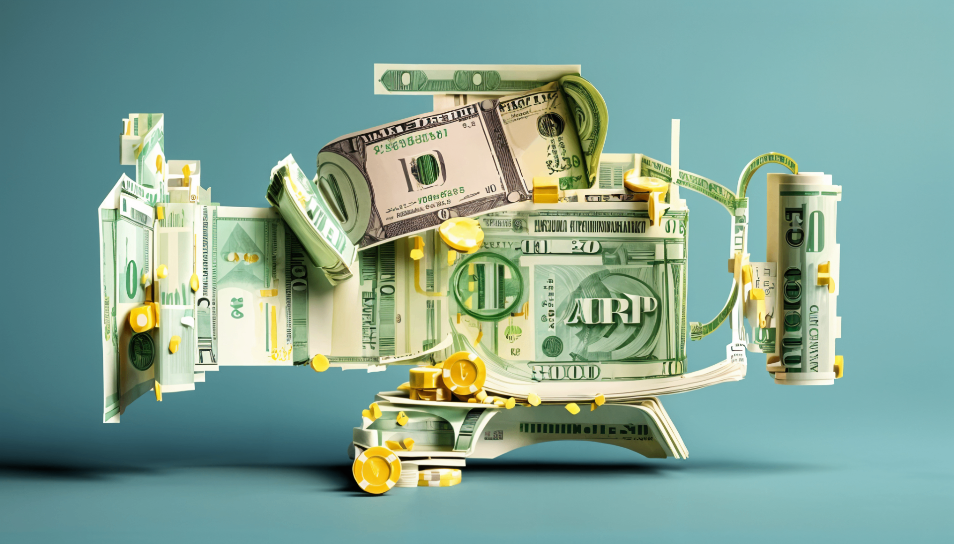 A sculptural film camera constructed entirely from folded US dollar bills and gold coins on a teal background