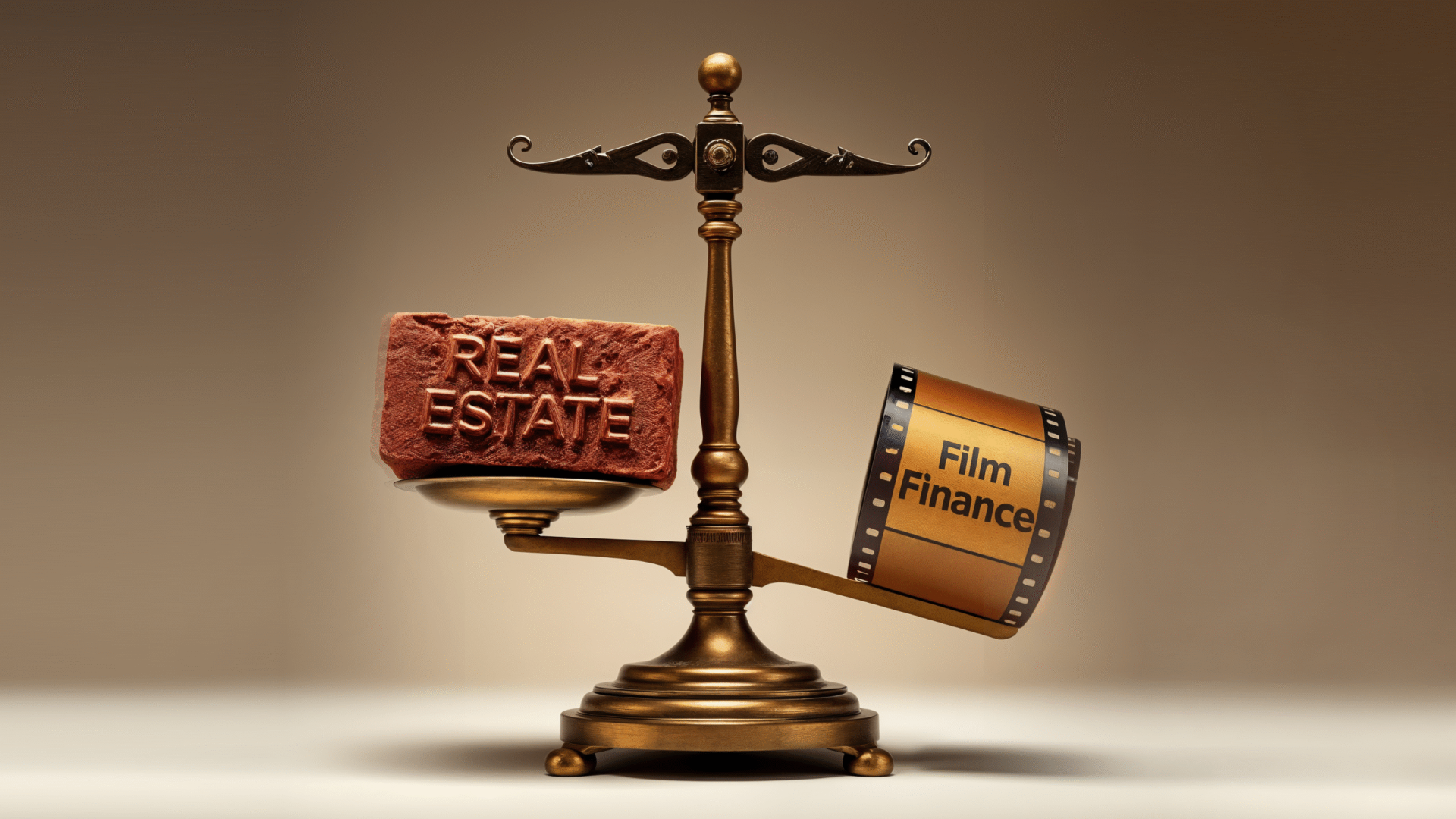A brass scale weighing a 'Real Estate' brick against a 'Film Finance' film reel