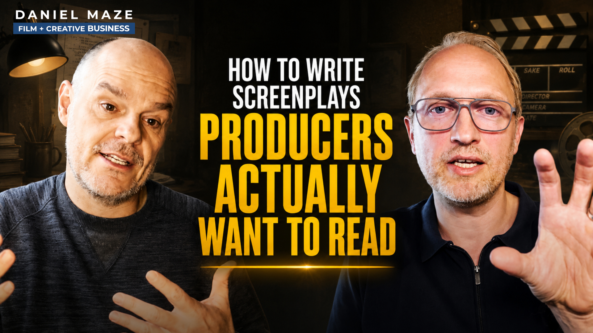 Split-screen video thumbnail of Brooks Elms and Daniel Maze with the title 'How to Write Screenplays Producers Actually Want to Read'