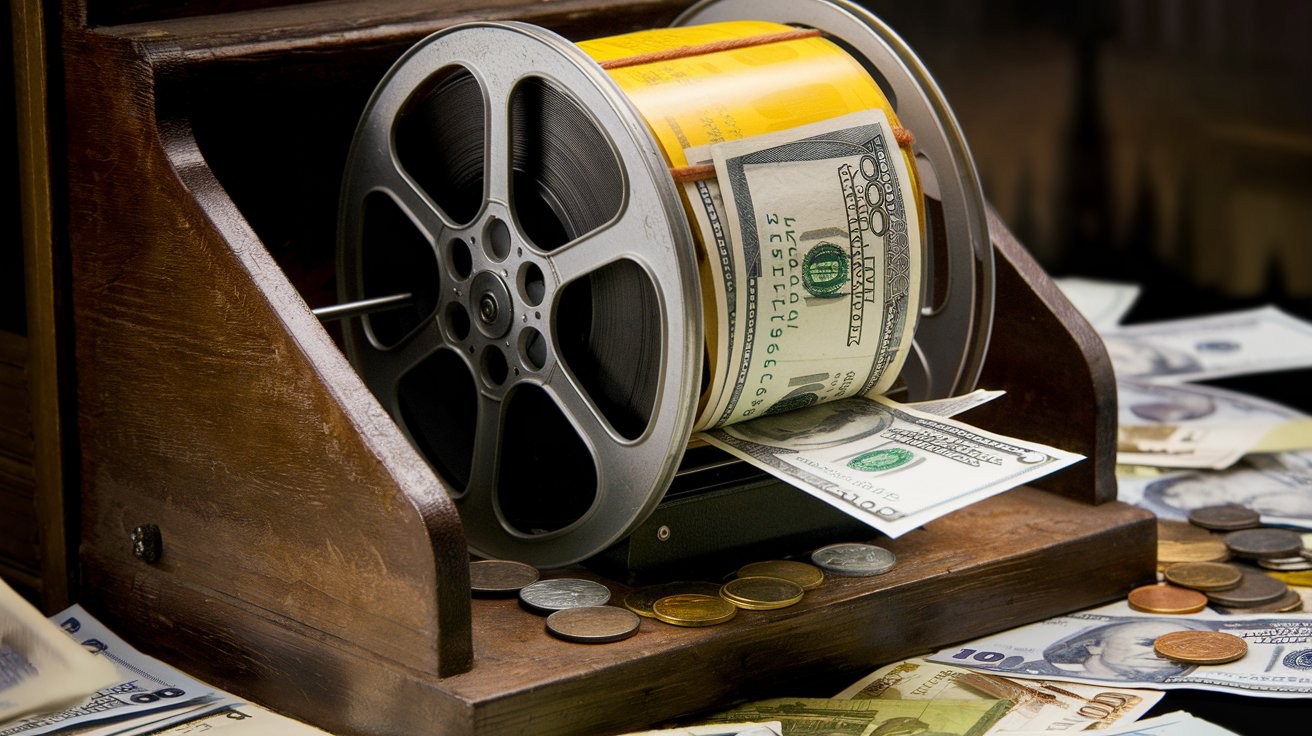 A vintage film reel wrapped in rolled US dollar bills sitting in a wooden box, surrounded by coins and scattered currency