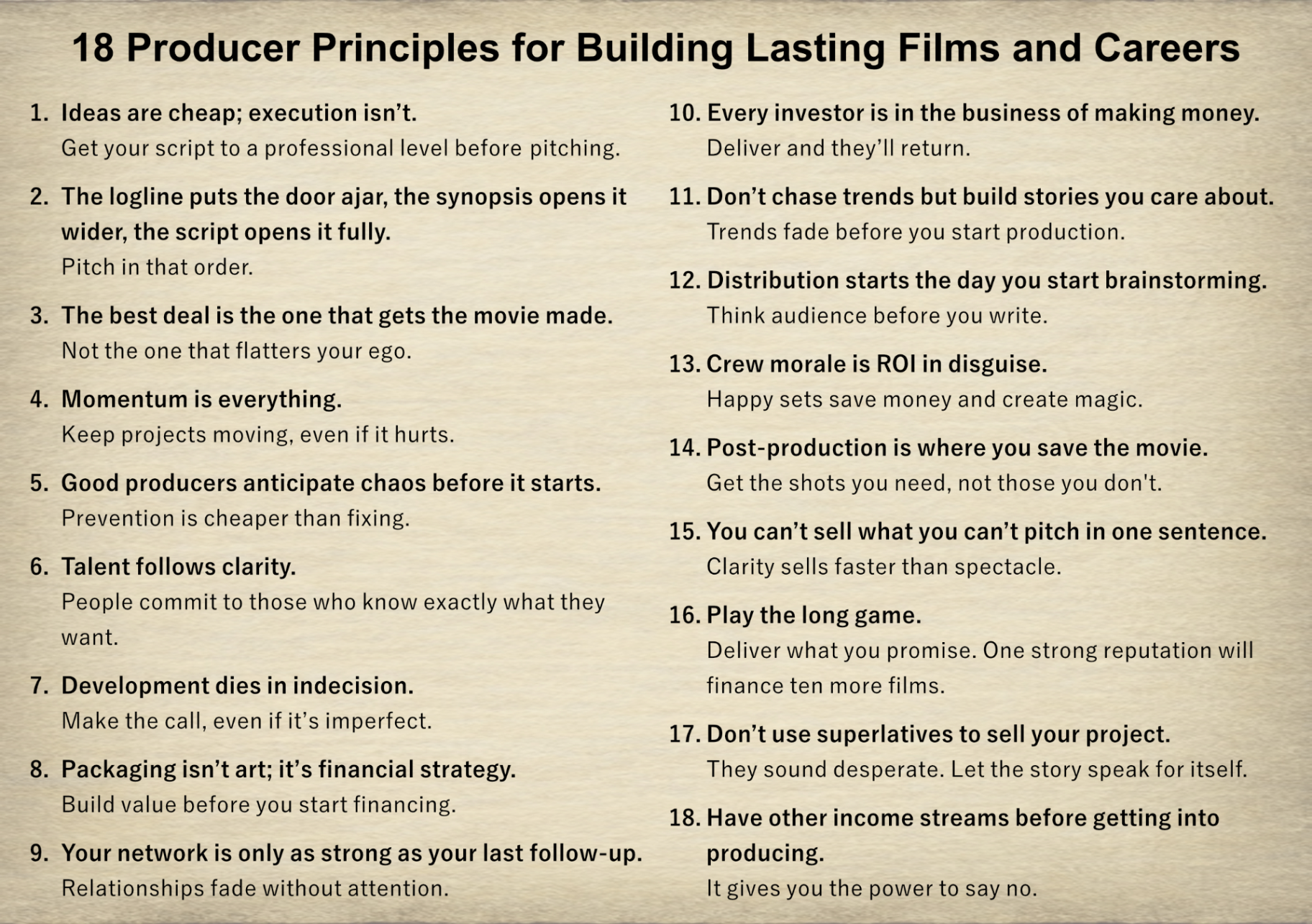 A list of 18 producer principles for building lasting films and careers