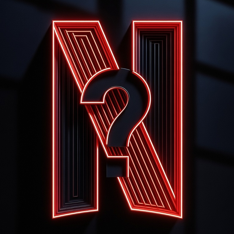 A neon red letter N with a question mark inside, on a dark wall