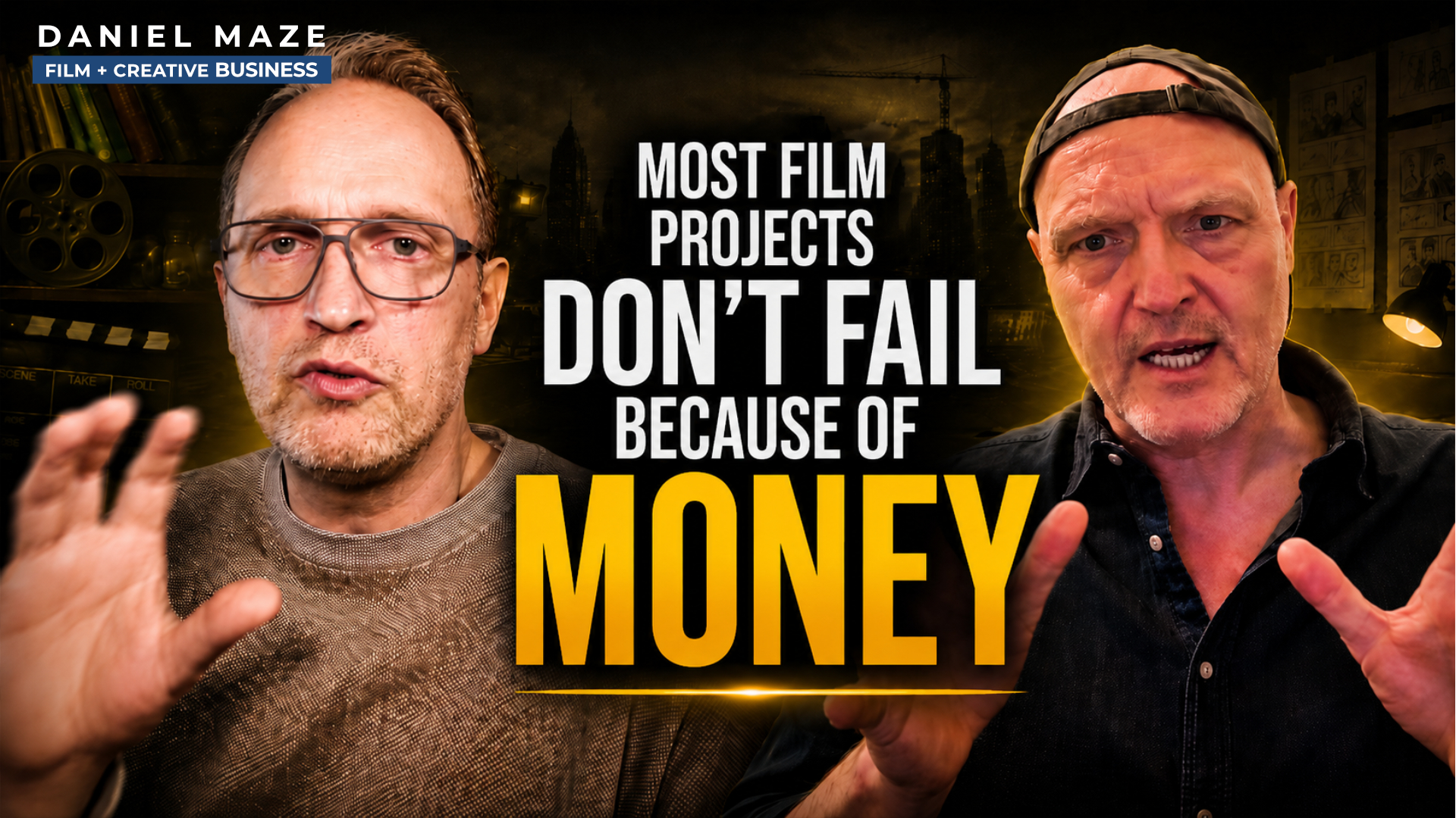 Split-screen video thumbnail of Daniel Maze and Adrian Bol with the caption 'Most projects don't fail because of money...'